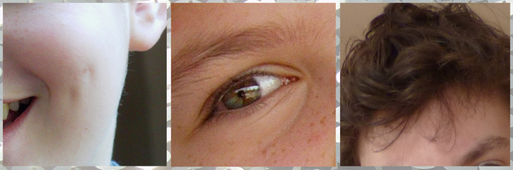 Three images, each partially showing a face: a cheek with a double dimple; a green eye with a blue quarter; a curl falling on a forehead.